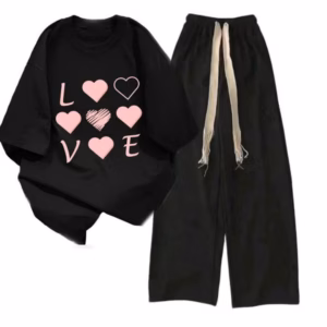 Sét Bộ Mùa Hè Quần Ống Rộng Dây Bản To Đen +Mix Áo Phông Form Rộng Tay Lỡ - Chữ Love