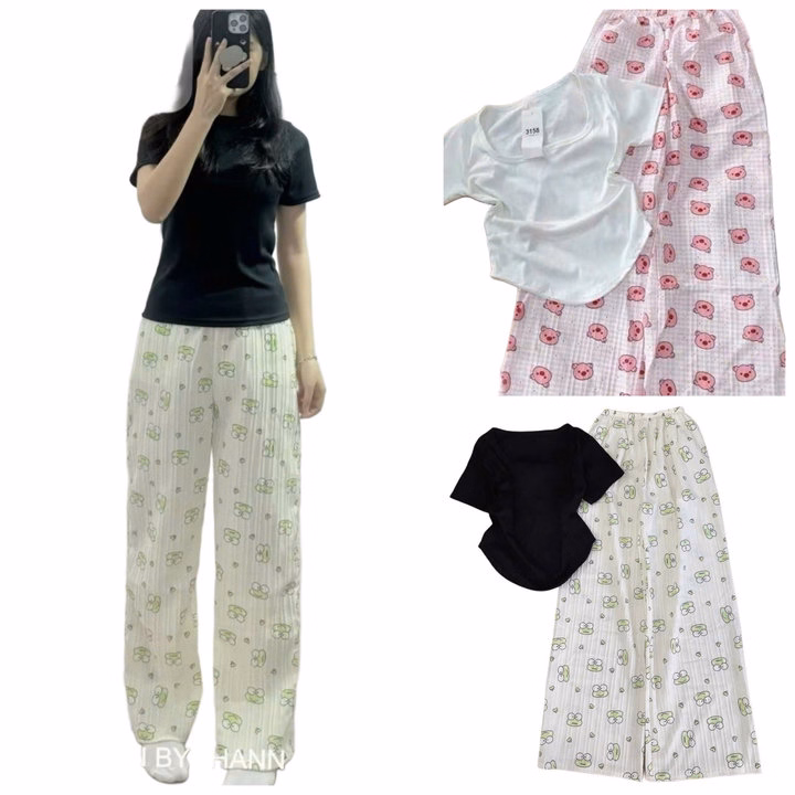 Sét Bộ Mặc Nhà Quần Hoạt Hình Bút Chì +Áo Thun Tăm Dáng Ngắn Croptop Trơn Tăm - Ảnh 3