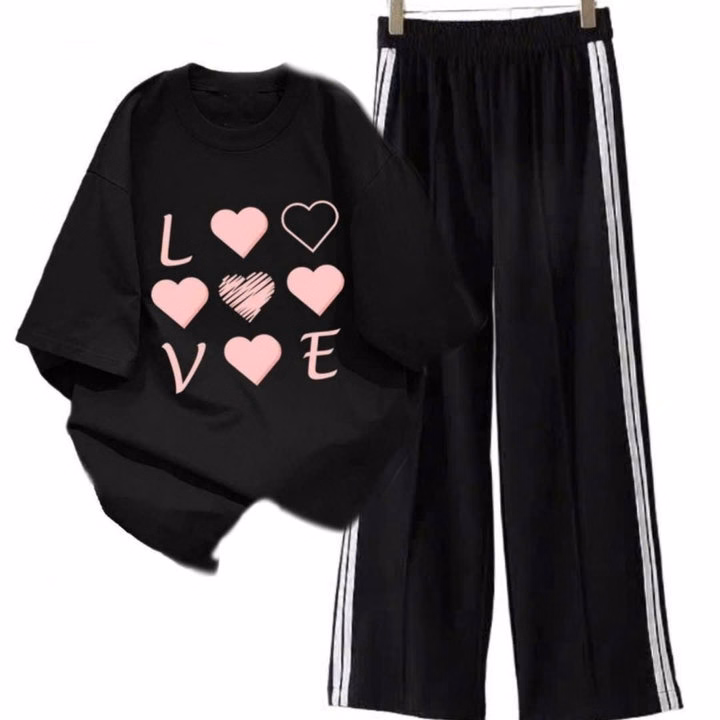 Sét Bộ Mùa Hè Quần Ống Suông Dáng Dài Viền Rót 95Cm+Mix Áo Phông Form Rộng Tay Lỡ - Chữ Love - Ảnh 2