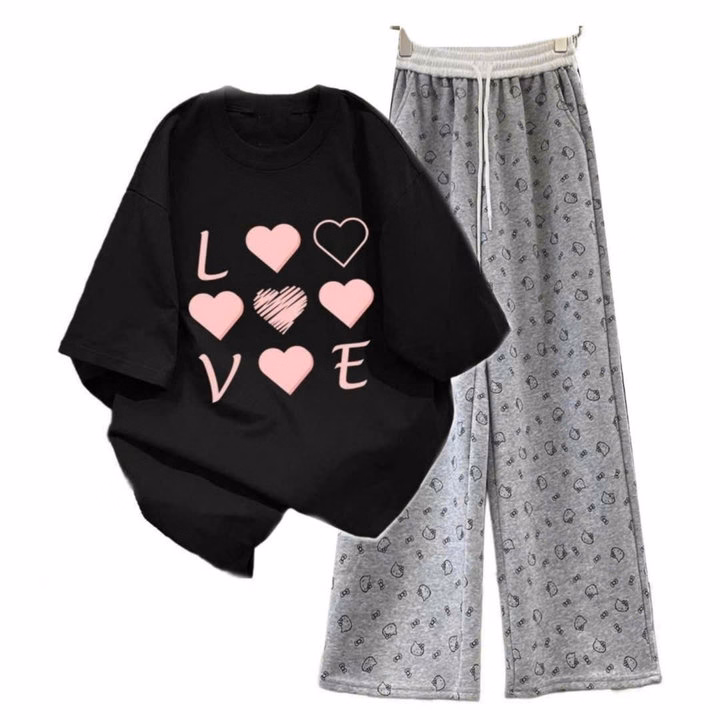 Sét Bộ Mùa Hè Quần Ống Suông Dáng Dài 95Cm+Mix Áo Phông Form Rộng Tay Lỡ - Chữ Love - Ảnh 2