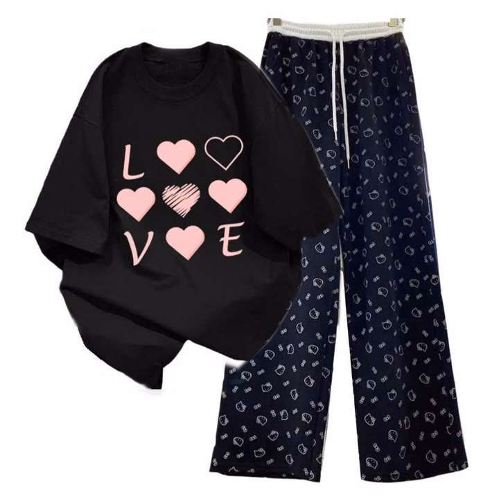 Sét Bộ Mùa Hè Quần Ống Suông Dáng Dài 95Cm+Mix Áo Phông Form Rộng Tay Lỡ - Chữ Love