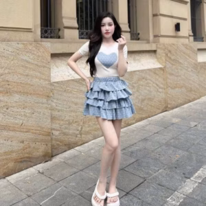 Set Chân Váy Mango Tầng Phối Áo Tăm Thêu Hình Phối Ren Bt85Uy-Sam Store