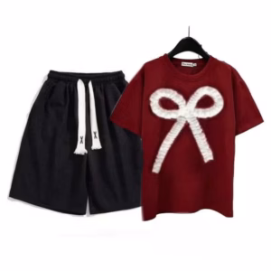 Sét Bộ Quần Cộc Trơn + Mix Áo Phông Form Rộng Thêu Hình Nơ Dúm