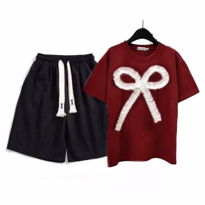 Sét Bộ Quần Cộc Trơn + Mix Áo Phông Form Rộng Thêu Hình Nơ Dúm