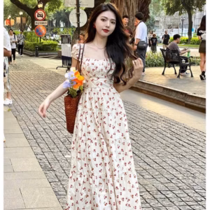 Đầm Maxi Lụa Hoa Tay Búp Cổ Vuông S25-Nana House