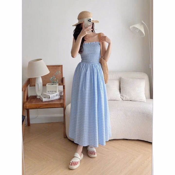 Đầm Maxi Đũi Caro Dáng Dài Cúp Ngực Bt80Ki-Sam Store - Ảnh 3