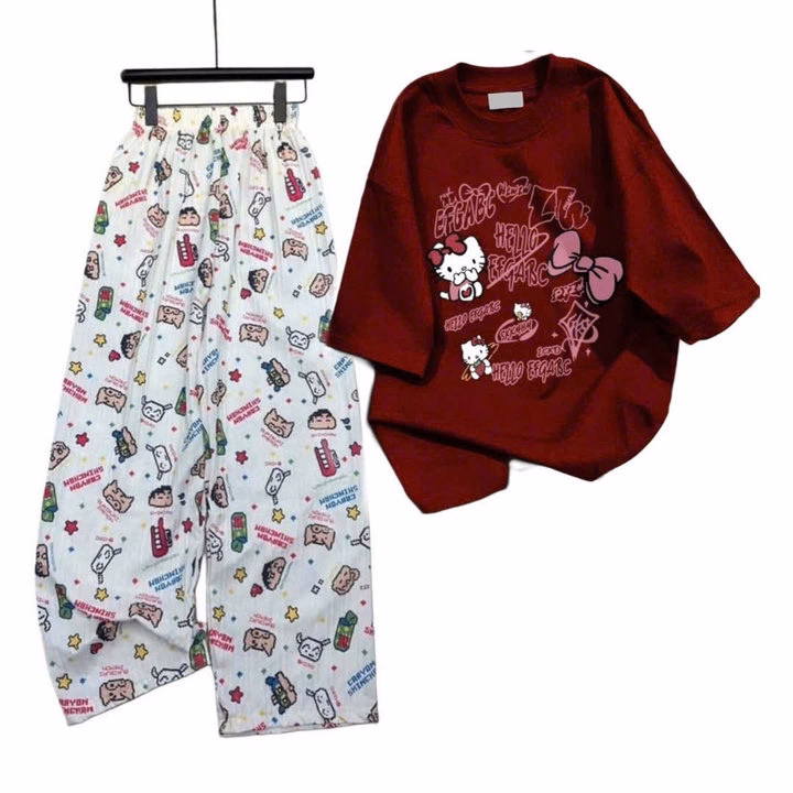 Set Bộ Đồ Quần Hoạt Hình Ống Rộng Bút Chì + Mix Áo Phông Mèo Cute - Ảnh 4