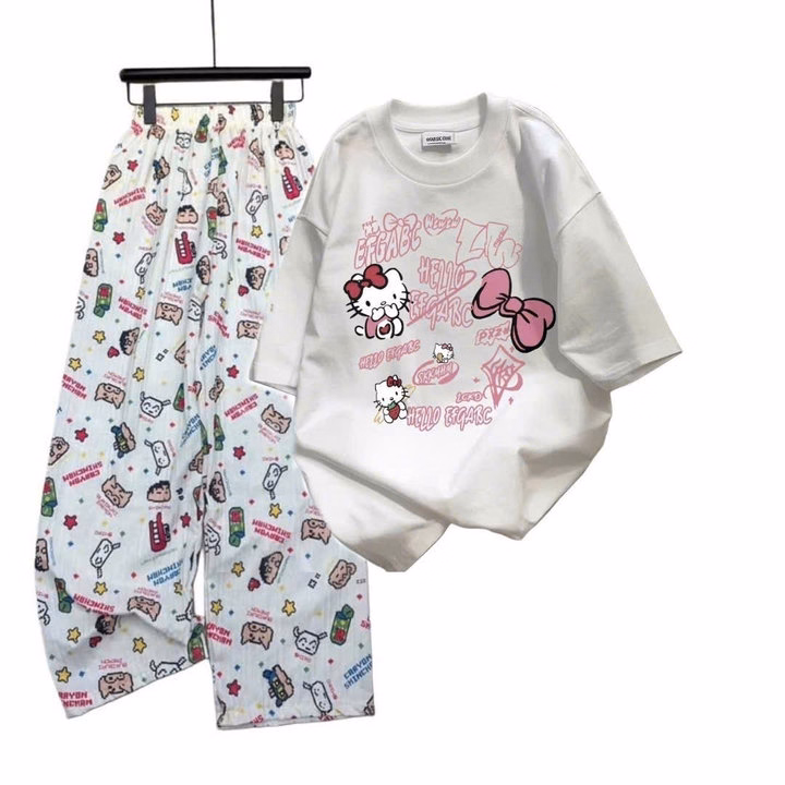 Set Bộ Đồ Quần Hoạt Hình Ống Rộng Bút Chì + Mix Áo Phông Mèo Cute - Ảnh 5