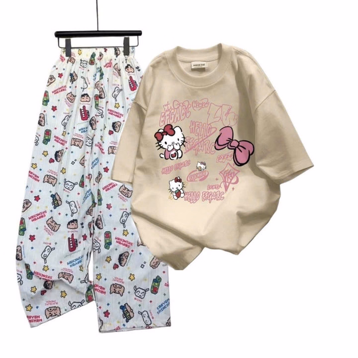 Set Bộ Đồ Quần Hoạt Hình Ống Rộng Bút Chì + Mix Áo Phông Mèo Cute - Ảnh 2