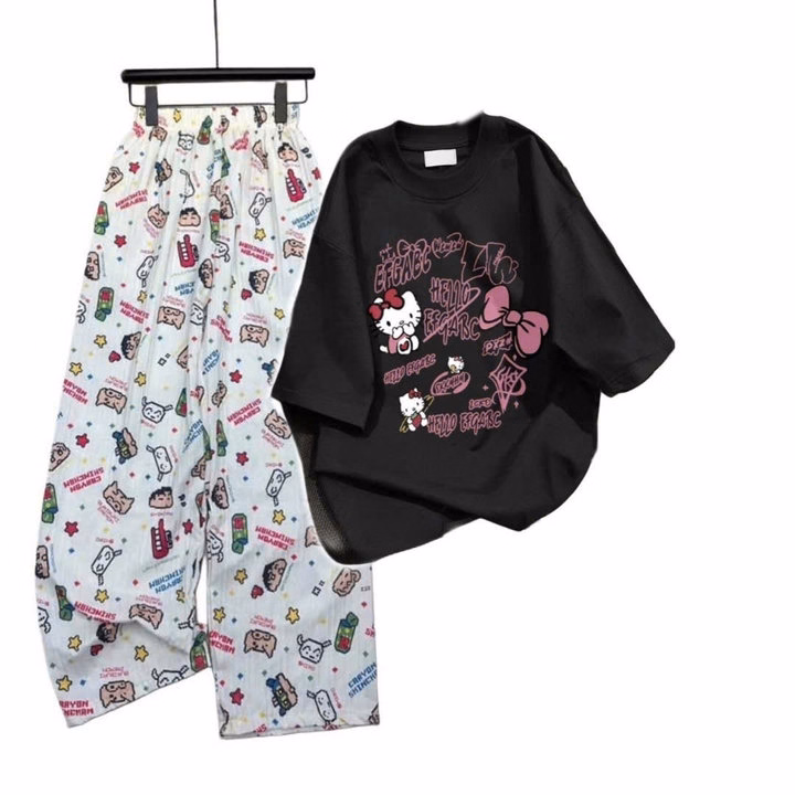 Set Bộ Đồ Quần Hoạt Hình Ống Rộng Bút Chì + Mix Áo Phông Mèo Cute - Ảnh 3