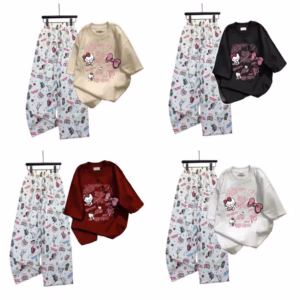 Set Bộ Đồ Quần Hoạt Hình Ống Rộng Bút Chì + Mix Áo Phông Mèo Cute