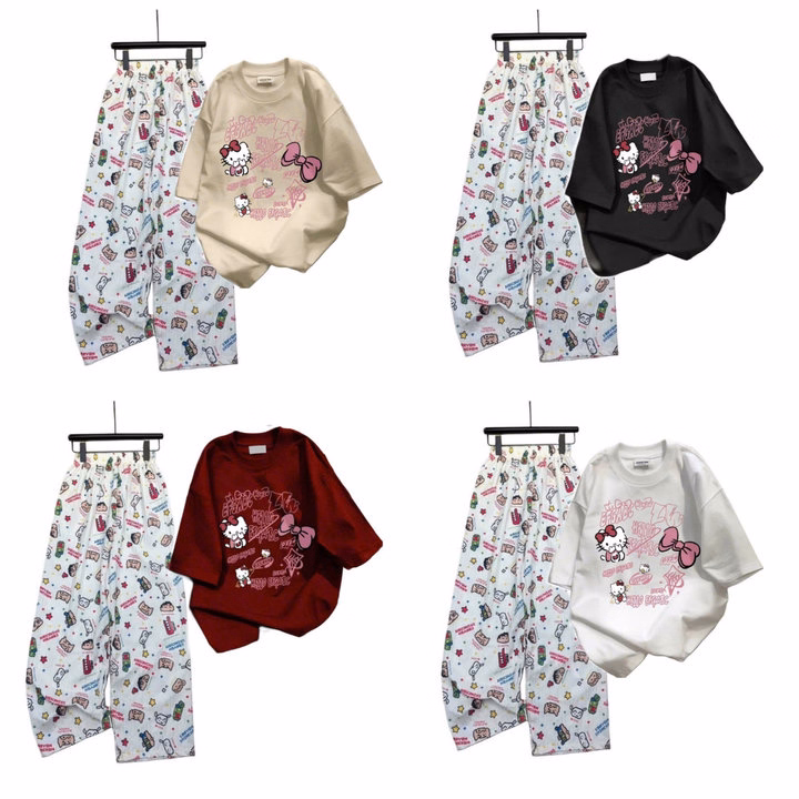 Set Bộ Đồ Quần Hoạt Hình Ống Rộng Bút Chì + Mix Áo Phông Mèo Cute