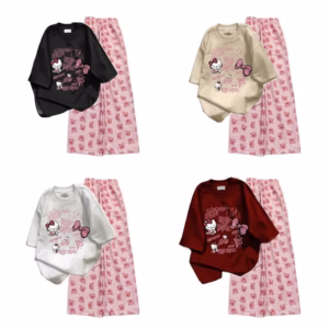 Sét Bộ Đồ Quần Hoạt Hình Heo Hồng + Mix Áo Phông Mèo Cute