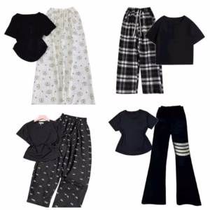 Tổng Hợp Các Sét Quần Ống Rộng + Áo Phông Croptop Cộc Tay Trơn Dáng Ngắn Chất Tăm Hàn Lạnh Cho Nữ