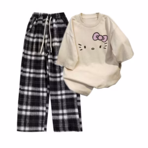 Sét Bộ Đồ Quần Kẻ Caro Bản To Đen + Mix Áo Phông Mèo Đơn Giản