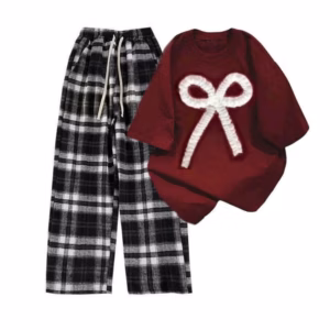 Sét Bộ Đồ Quần Ống Rộng Kẻ Caro Đen Bản To + Mix Áo Phông Nơ Rúm Đỏ Chất Cotton Mềm Mịn
