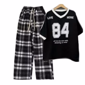 Sét Bộ Đồ Quần Kẻ Caro Đen Bản To + Mix Áo Phông Số 84 Form Rộng