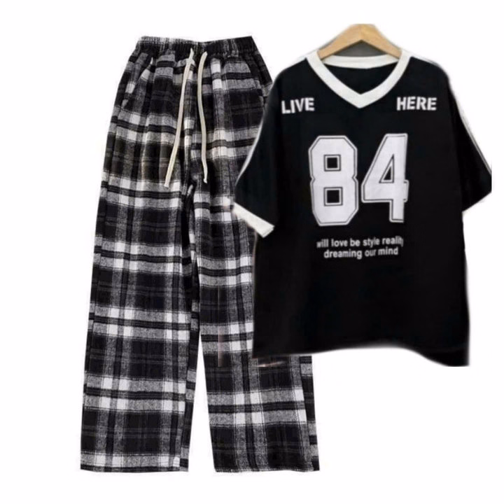 Sét Bộ Đồ Quần Kẻ Caro Đen Bản To + Mix Áo Phông Số 84 Form Rộng