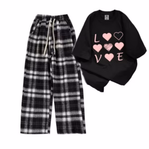 [ Rá Mở Bán ] Sét Bộ Mùa Hè Quần Kẻ Caro Bản To Đen+Mix Áo Phông Form Rộng Tay Lỡ - Chữ Love