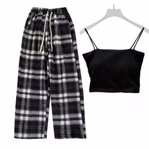 Sét Bộ Đồ Quần Kẻ Caro Đen Bản To + Mix Áo 2 Dây Bún Chất Tăm Lạnh