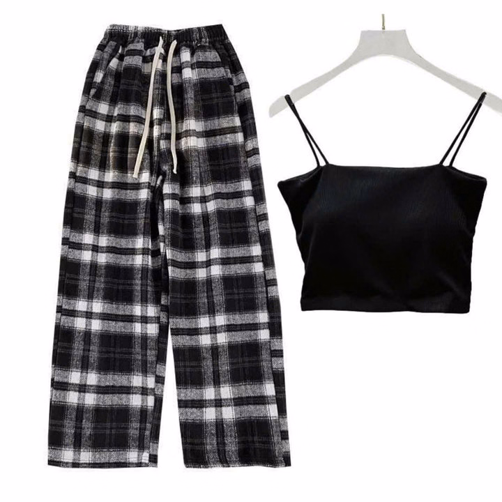 Sét Bộ Đồ Quần Kẻ Caro Đen Bản To + Mix Áo 2 Dây Bún Chất Tăm Lạnh