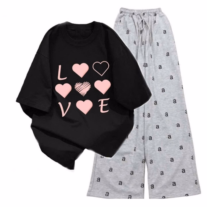 Sét Bộ Mùa Hè Quần Ống Suông Chữ Aaa Dáng Dài 95Cm+Mix Áo Phông Form Rộng Tay Lỡ - Chữ Love