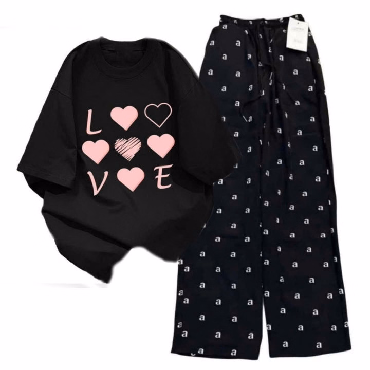 Sét Bộ Mùa Hè Quần Ống Suông Chữ Aaa Dáng Dài 95Cm+Mix Áo Phông Form Rộng Tay Lỡ - Chữ Love - Ảnh 2