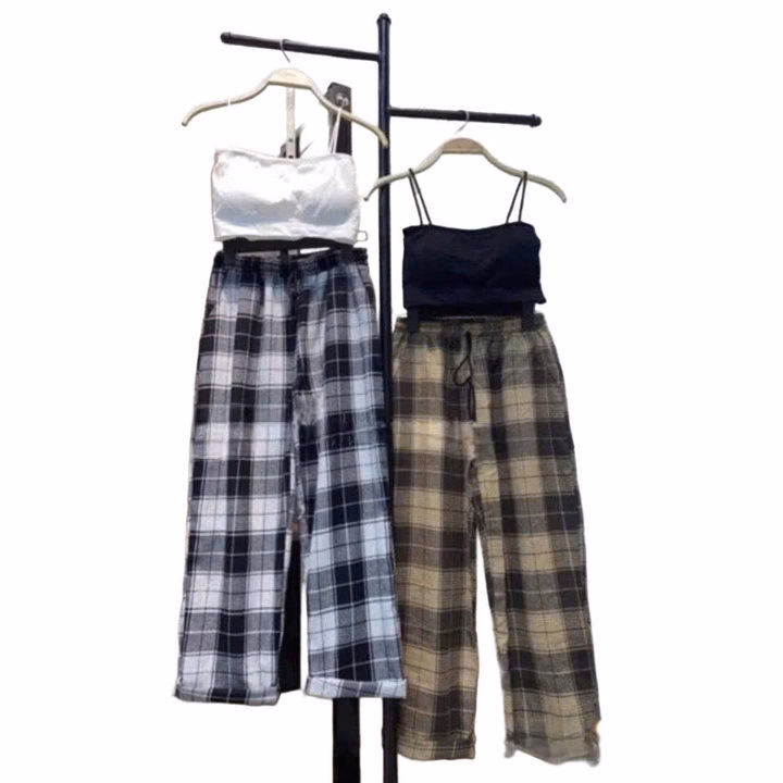 Sét Bộ Quần Kẻ Caro Ống Suông + Mix Áo 2 Dây Bún Chất Tăm Lạnh - Ảnh 3