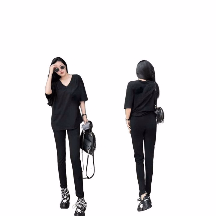 Sét Bộ Đồ Quần Legging Dài 95Cm + Mix Áo Phông Trơn Cổ Tim Form Thụng