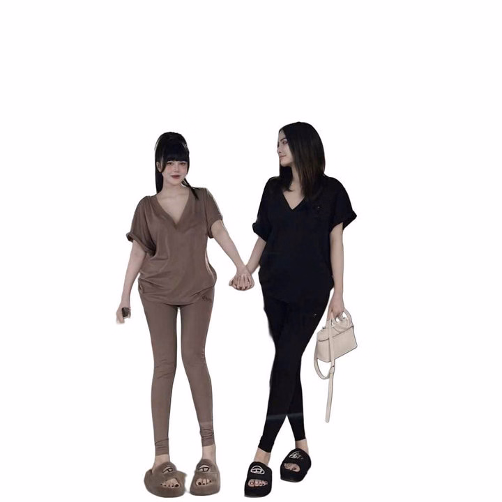 Sét Bộ Đồ Quần Legging Dài 95Cm + Mix Áo Phông Trơn Cổ Tim Form Thụng - Ảnh 2