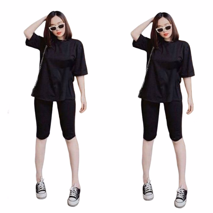 Sét Bộ Đồ Quần Legging Lửng + Mix Áo Phông Trắng Trơn Form Thụng Chất Cotton Mát - Ảnh 3