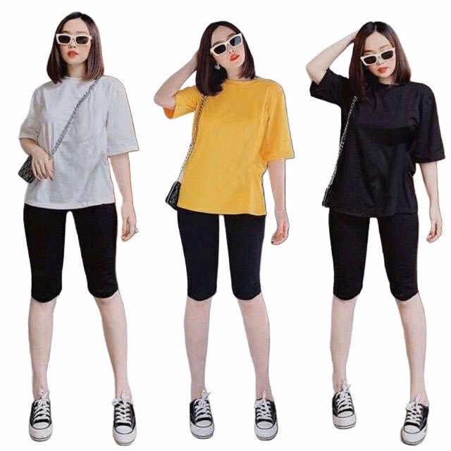 Sét Bộ Đồ Quần Legging Lửng + Mix Áo Phông Trắng Trơn Form Thụng Chất Cotton Mát
