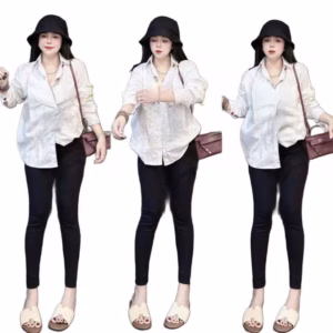 Sét Bộ Quần Legging Dài 95Cm+Mix Áo Sơ Mi Trắng Dài Tay Form Rộng