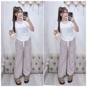 Sét Bộ Quần Đũi Xốp Lẻ Sọc Vằn + Mix Áo Phông Cổ Tim Trơn Form Rộng Tay Lỡ Chất Cotton Su