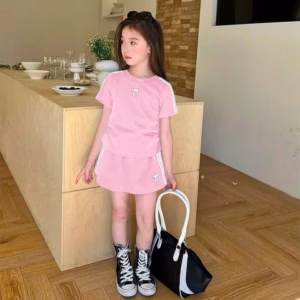 Set Váy Thun Thể Thao Bé Gái Ngắn Tay Viền Sọc In Nơ Từ 12-45Kg Cho Bé Gái