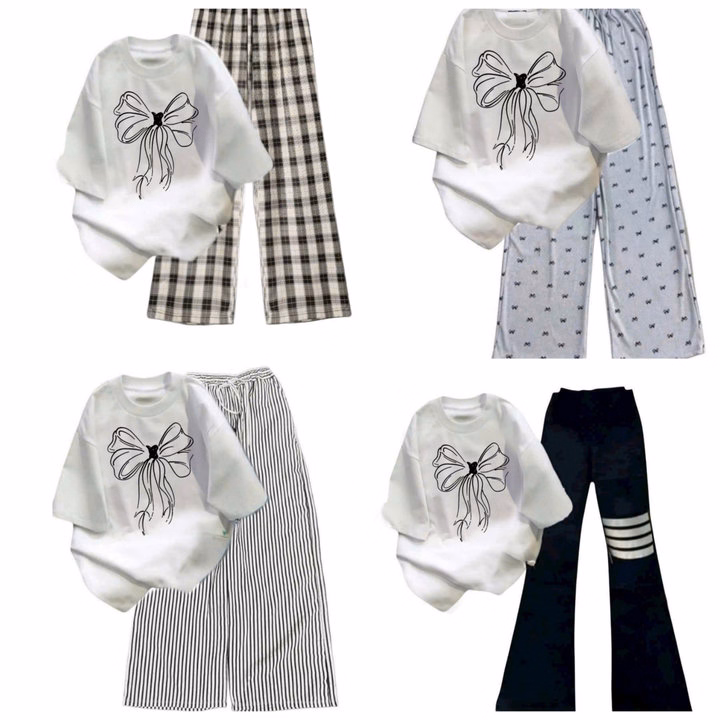 Tổng Hợp Các Sét Bộ Đồ Quần Ống Rộng + Mix Áo Phông Hình Nơ Đơn Giản Form Rộng