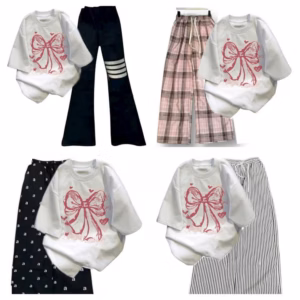 Tổng Hợp Các Sét Bộ Đồ Quần Ống Rộng + Mix Áo Phông Hình Nơ Hồng Loang Màu Trắng