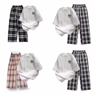 Tổng Hợp Các Sét Bộ Quần Kẻ Caro + Mix Áo Phông In Hình Cún Nâu Ở Ngực
