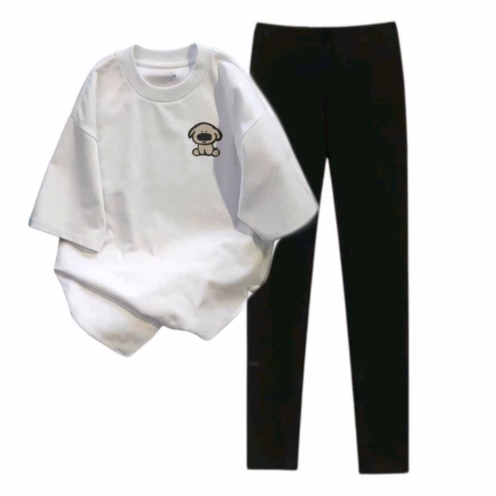 Sét Bộ Quần Legging Dài 95Cm + Mix Áo Phông In Hình Cún Nâu Ở Ngực