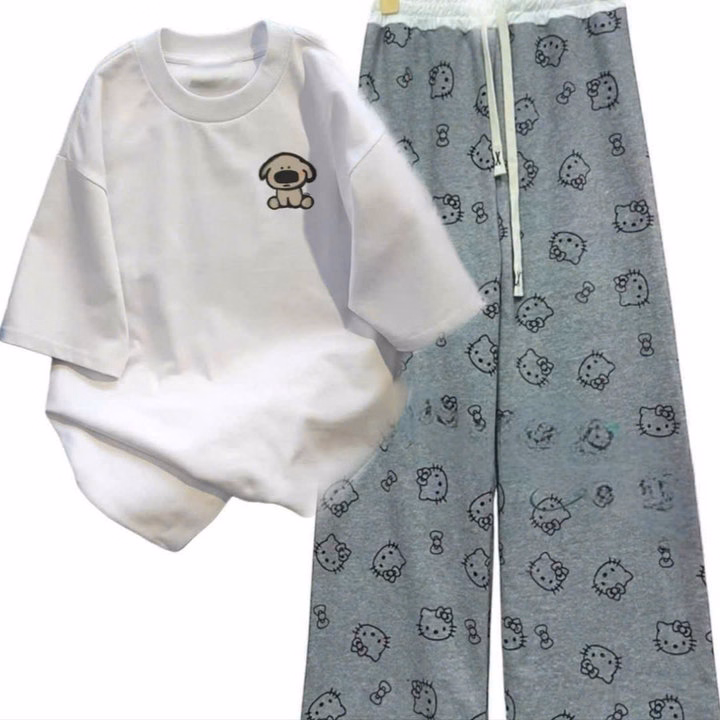 Sét Bộ Quần Quần Mèo + Mix Áo Phông In Hình Cún Nâu Ở Ngực