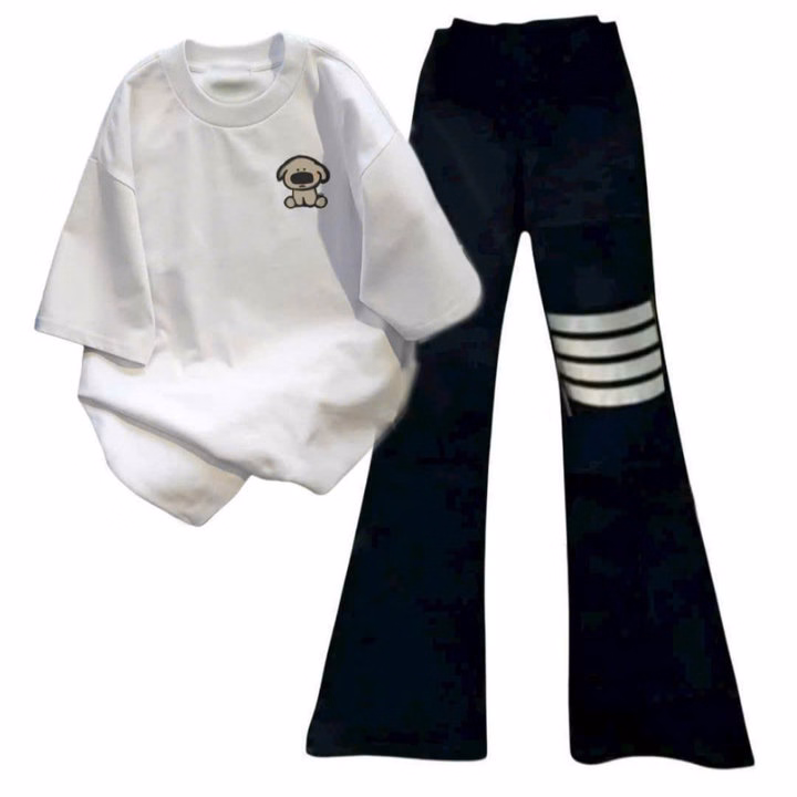 Sét Bộ Quần Loe + Mix Áo Phông In Hình Cún Nâu Ở Ngực Màu Trắng