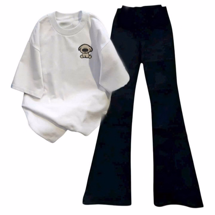 Sét Bộ Quần Loe + Mix Áo Phông In Hình Cún Nâu Ở Ngực Màu Trắng - Ảnh 2