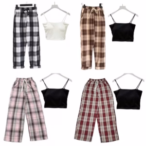 Sét Bộ Quần Kẻ Caro Ống Suông + Mix Áo 2 Dây Bún Chất Tăm Lạnh