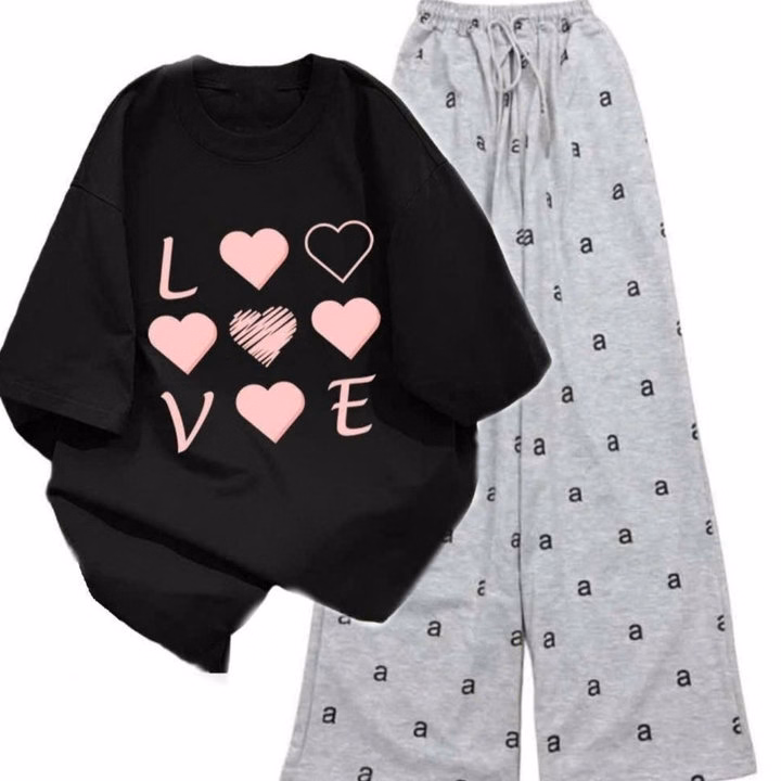 Sét Bộ Mùa Hè Quần Ống Suông Chữ Aaa Dáng Dài 95Cm+Mix Áo Phông Form Rộng Tay Lỡ - Chữ Love - Ảnh 3