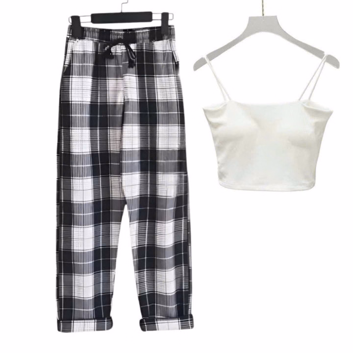 Sét Bộ Đồ Quần Kẻ Caro Đen Bản To + Mix Áo 2 Dây Bún Chất Tăm Lạnh - Ảnh 5