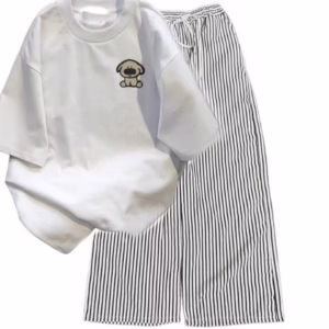 Sét Bộ Quần Đũi Xốp Kẻ Sọc + Mix Áo Phông In Hình Cún Nâu Ở Ngực