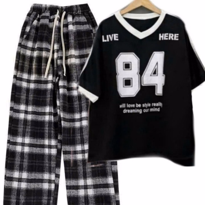 Sét Bộ Đồ Quần Kẻ Caro Đen Bản To + Mix Áo Phông Số 84 Form Rộng - Ảnh 3