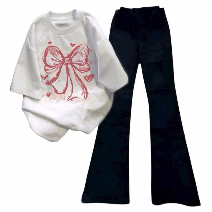 Sét Bộ Đồ Quần Ống Loe + Áo Phông In Nơ Hồng Loang Màu Trắng - Ảnh 2