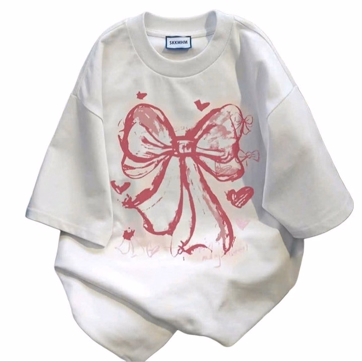 Sét Bộ Đồ Quần Ống Loe + Áo Phông In Nơ Hồng Loang Màu Trắng - Ảnh 3