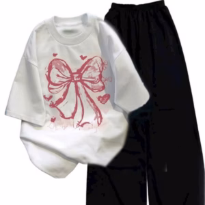 Sét Bộ Đồ Quần Ống Rộng Chun Đen + Áo Phông In Nơ Hồng Loang Màu Trắng